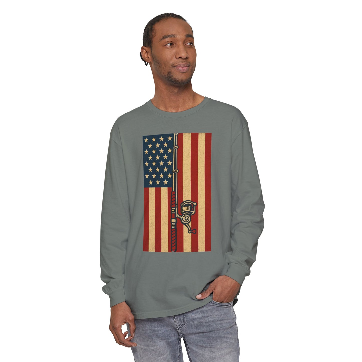 Patriotic Fishing Long Sleeve T-Shirt - Vintage American Flag Design - The official Yankee Capts merch store