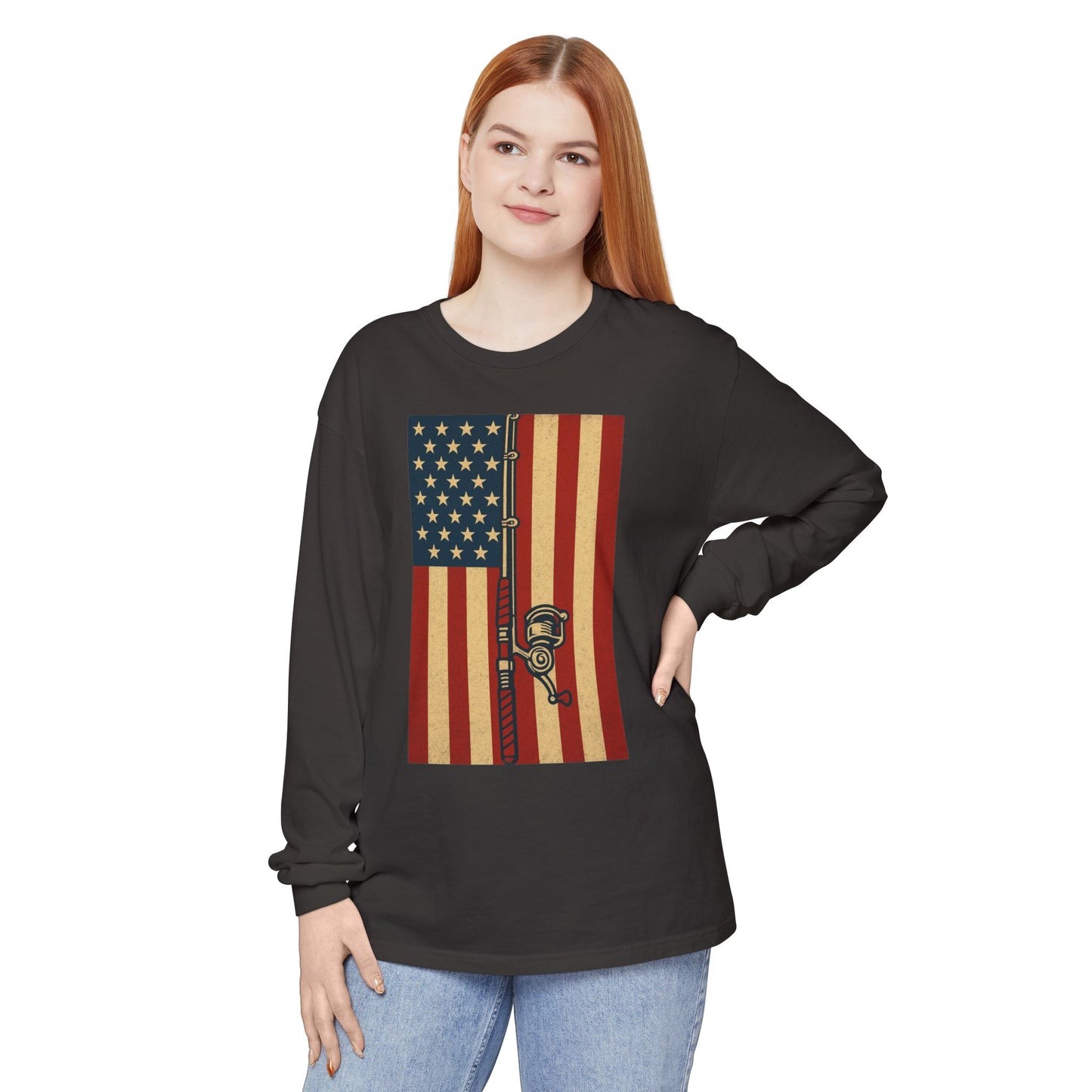 Patriotic Fishing Long Sleeve T-Shirt - Vintage American Flag Design - The official Yankee Capts merch store