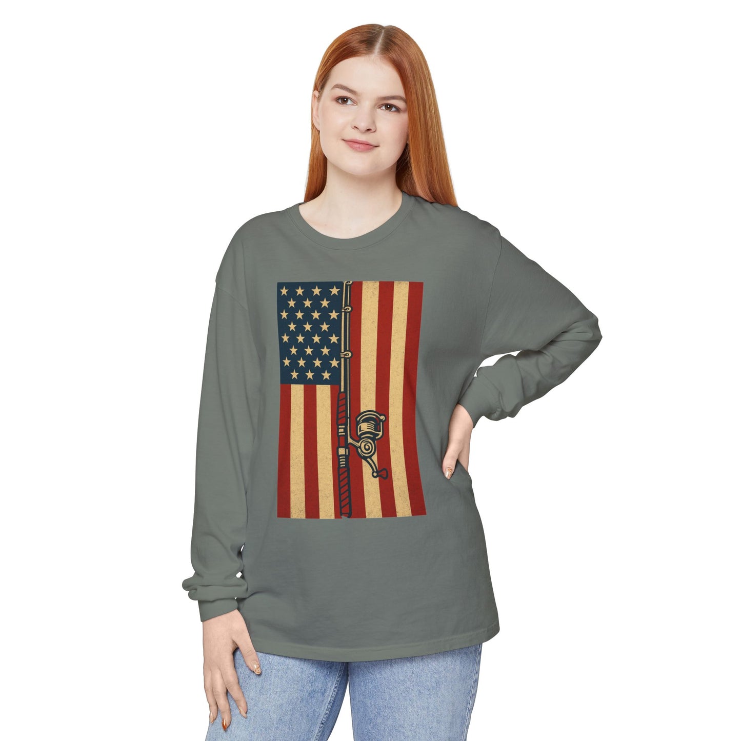 Patriotic Fishing Long Sleeve T-Shirt - Vintage American Flag Design - The official Yankee Capts merch store