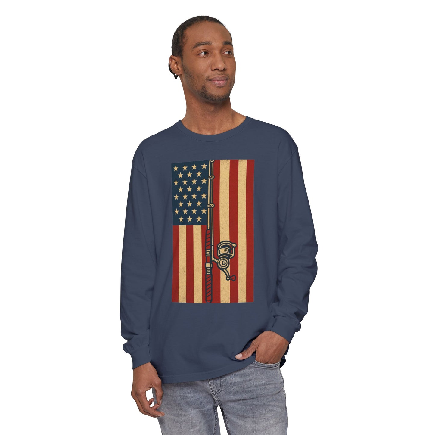 Patriotic Fishing Long Sleeve T-Shirt - Vintage American Flag Design - The official Yankee Capts merch store