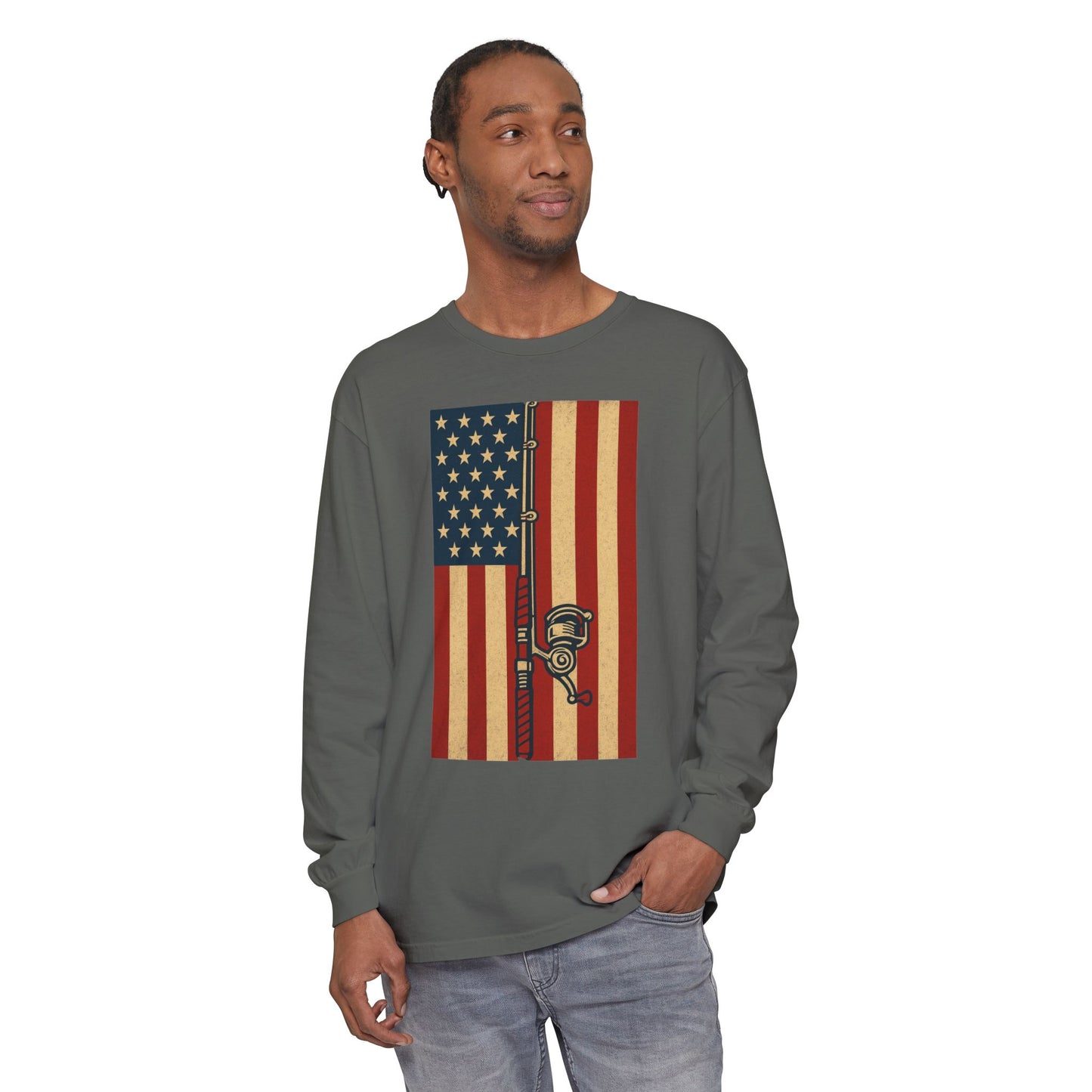 Patriotic Fishing Long Sleeve T-Shirt - Vintage American Flag Design - The official Yankee Capts merch store
