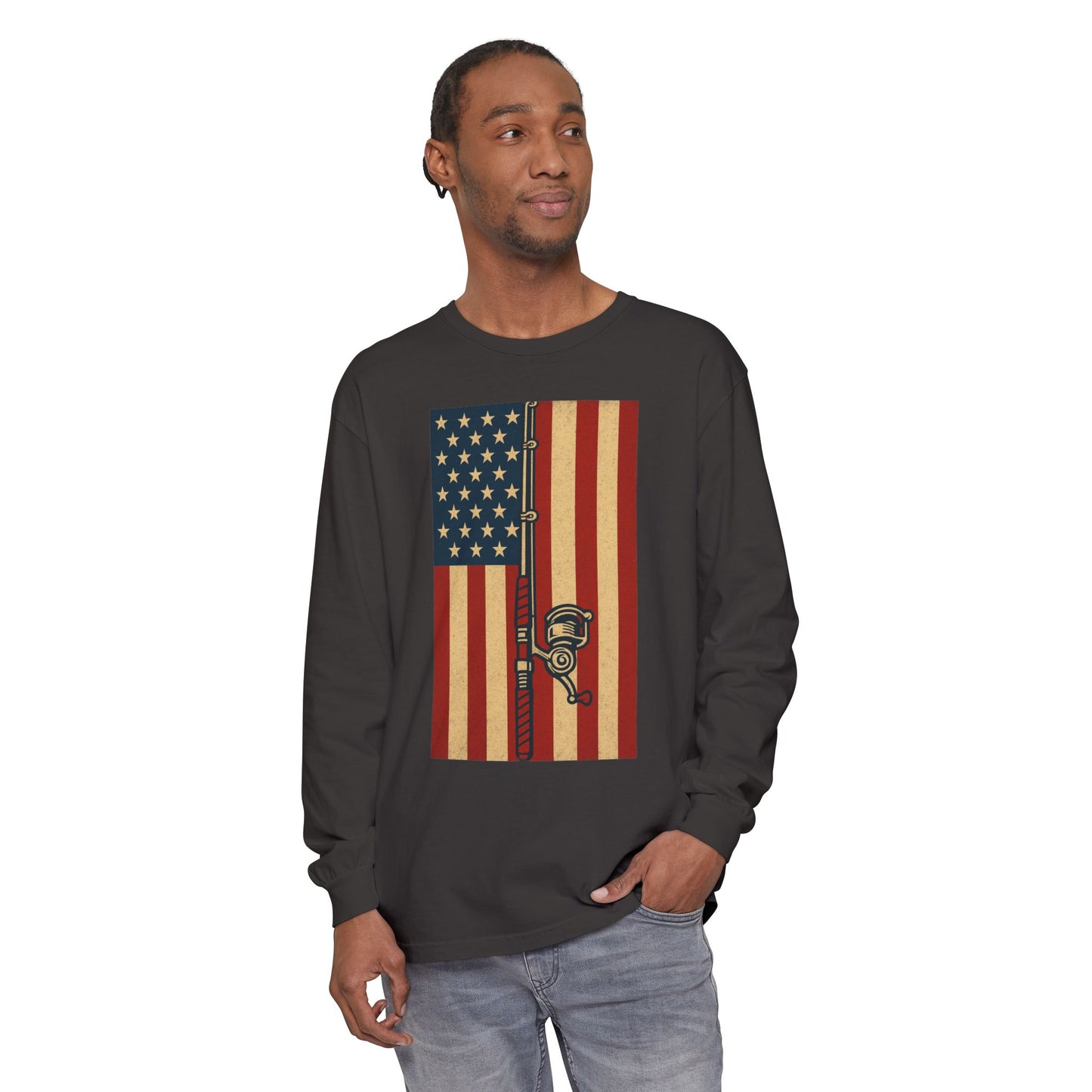 Patriotic Fishing Long Sleeve T-Shirt - Vintage American Flag Design - The official Yankee Capts merch store