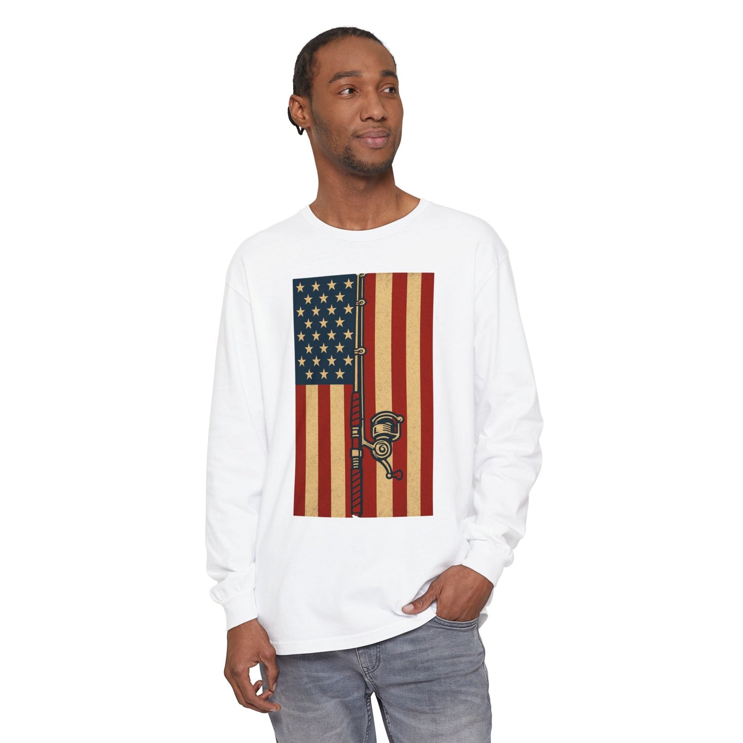 Patriotic Fishing Long Sleeve T-Shirt - Vintage American Flag Design - The official Yankee Capts merch store