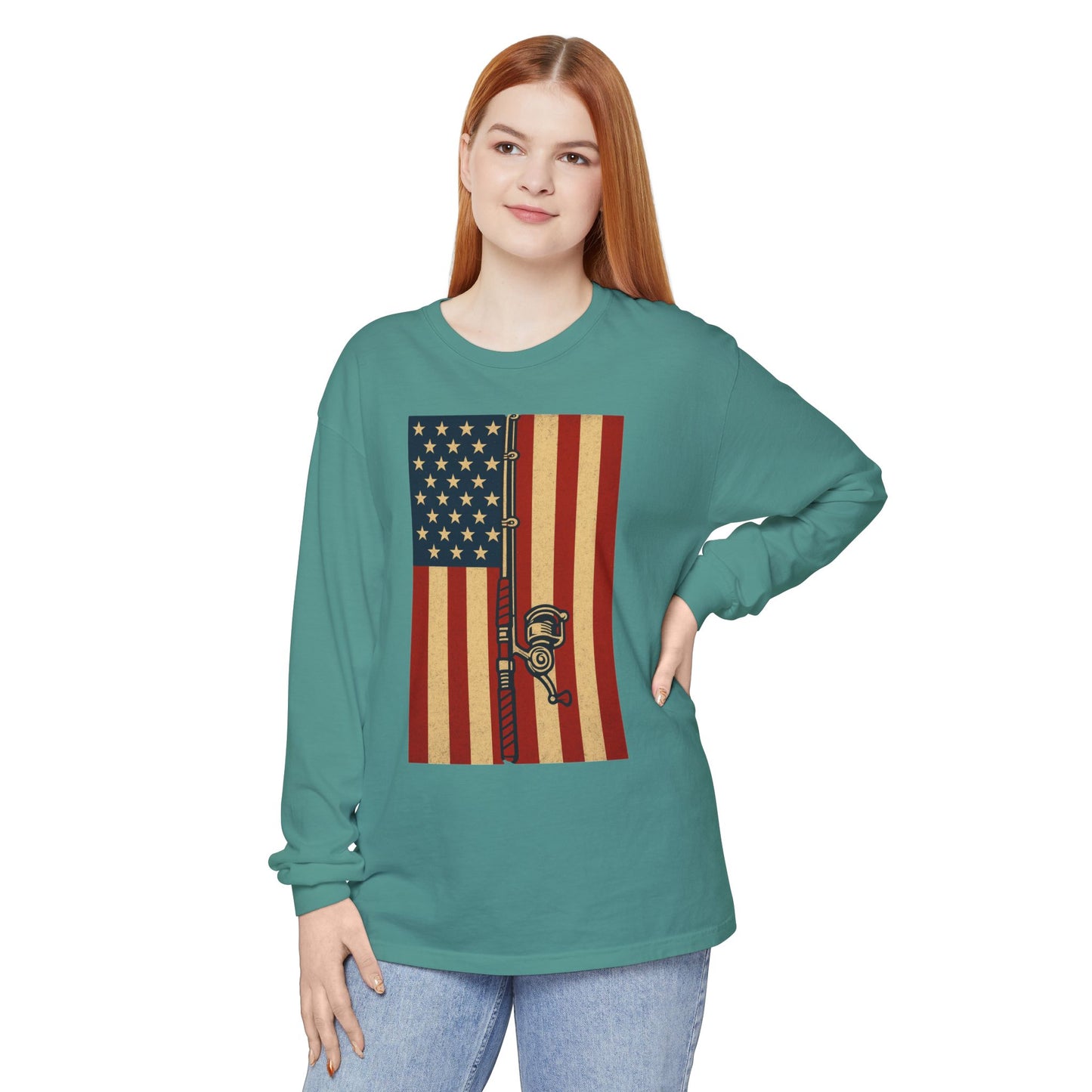 Patriotic Fishing Long Sleeve T-Shirt - Vintage American Flag Design - The official Yankee Capts merch store