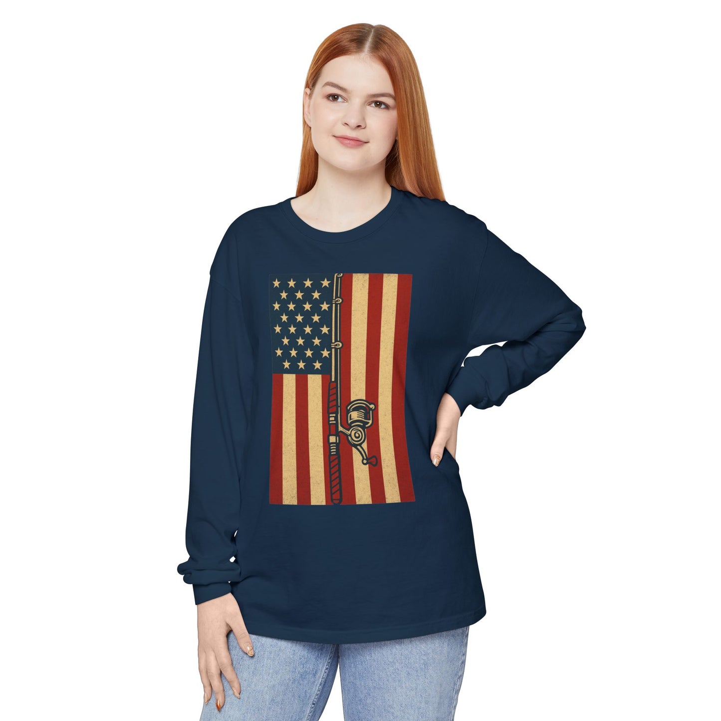 Patriotic Fishing Long Sleeve T-Shirt - Vintage American Flag Design - The official Yankee Capts merch store