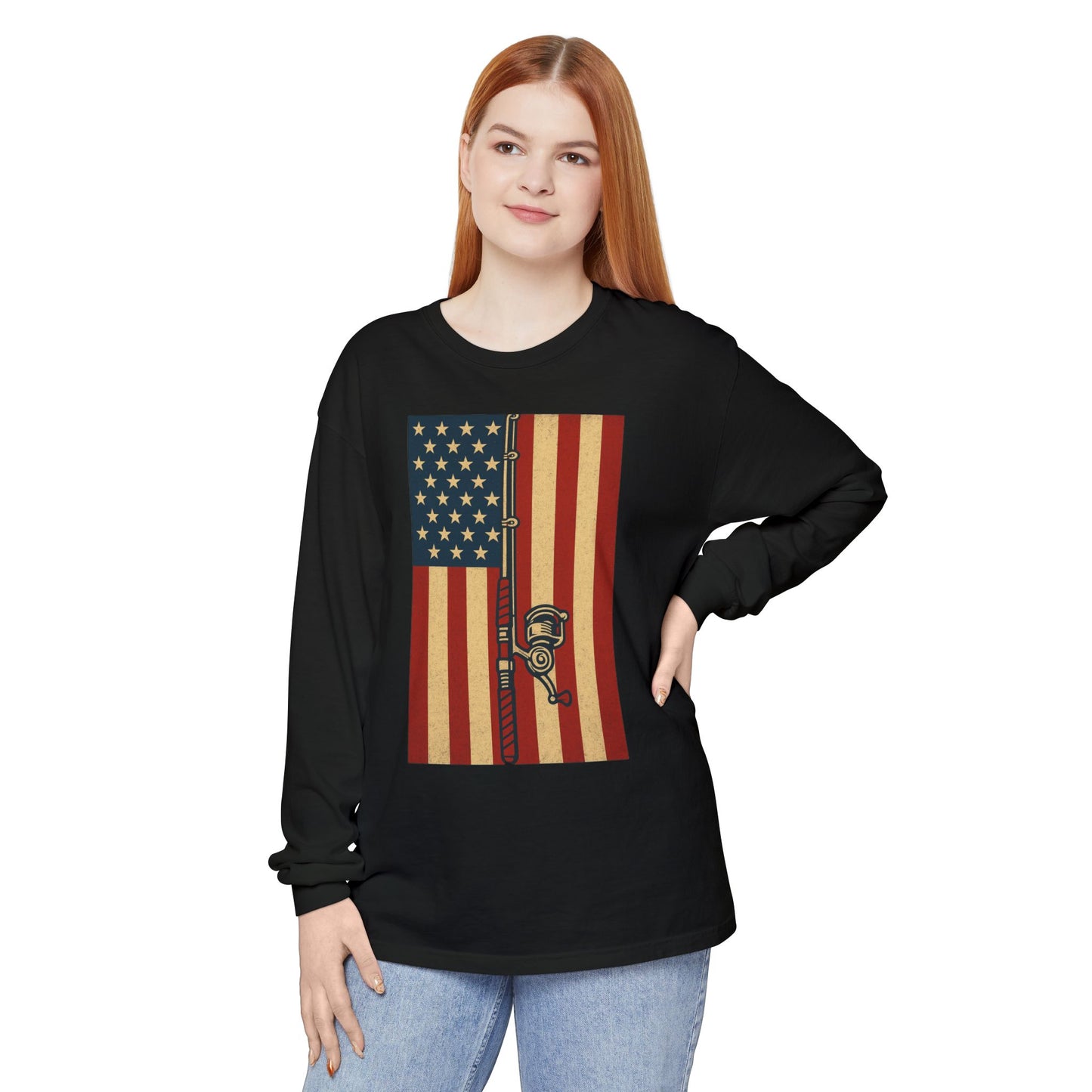 Patriotic Fishing Long Sleeve T-Shirt - Vintage American Flag Design - The official Yankee Capts merch store