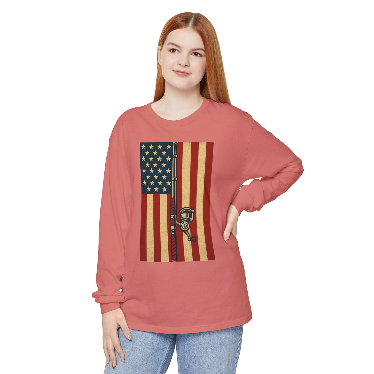 Patriotic Fishing Long Sleeve T-Shirt - Vintage American Flag Design - The official Yankee Capts merch store