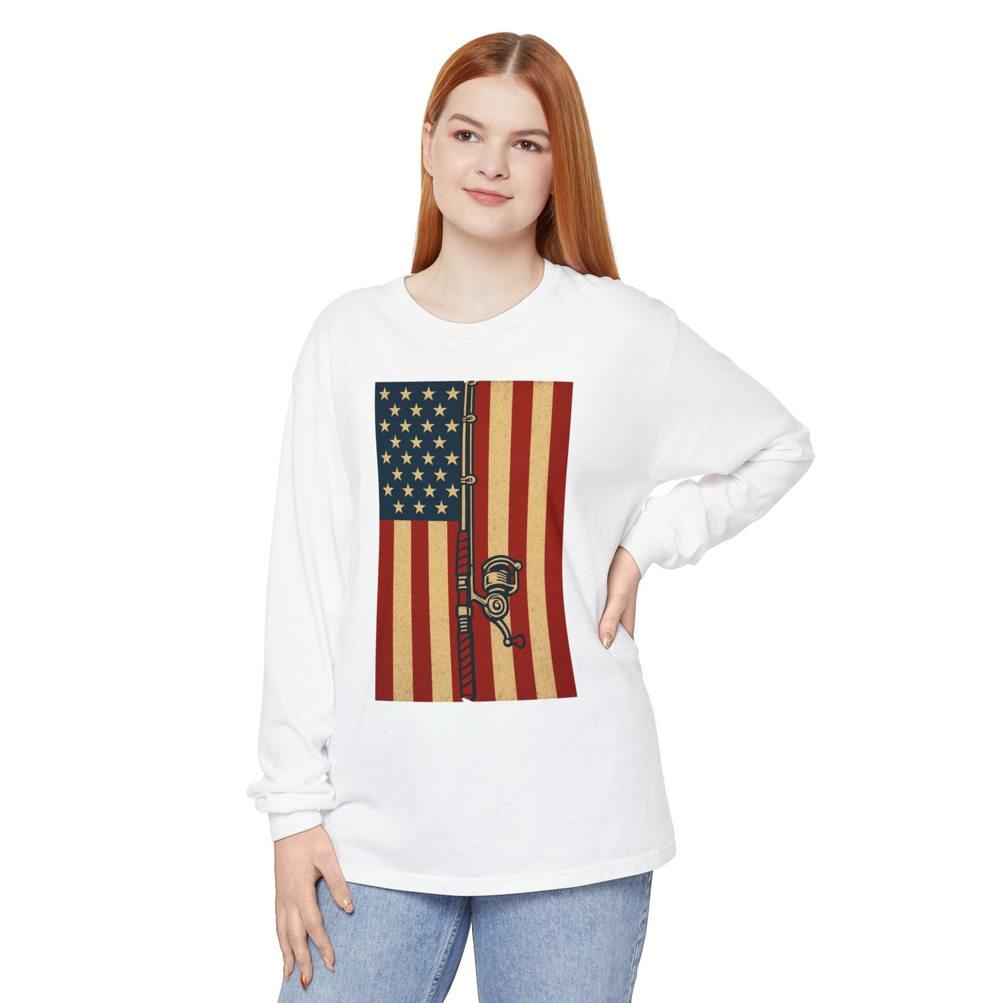 Patriotic Fishing Long Sleeve T-Shirt - Vintage American Flag Design - The official Yankee Capts merch store