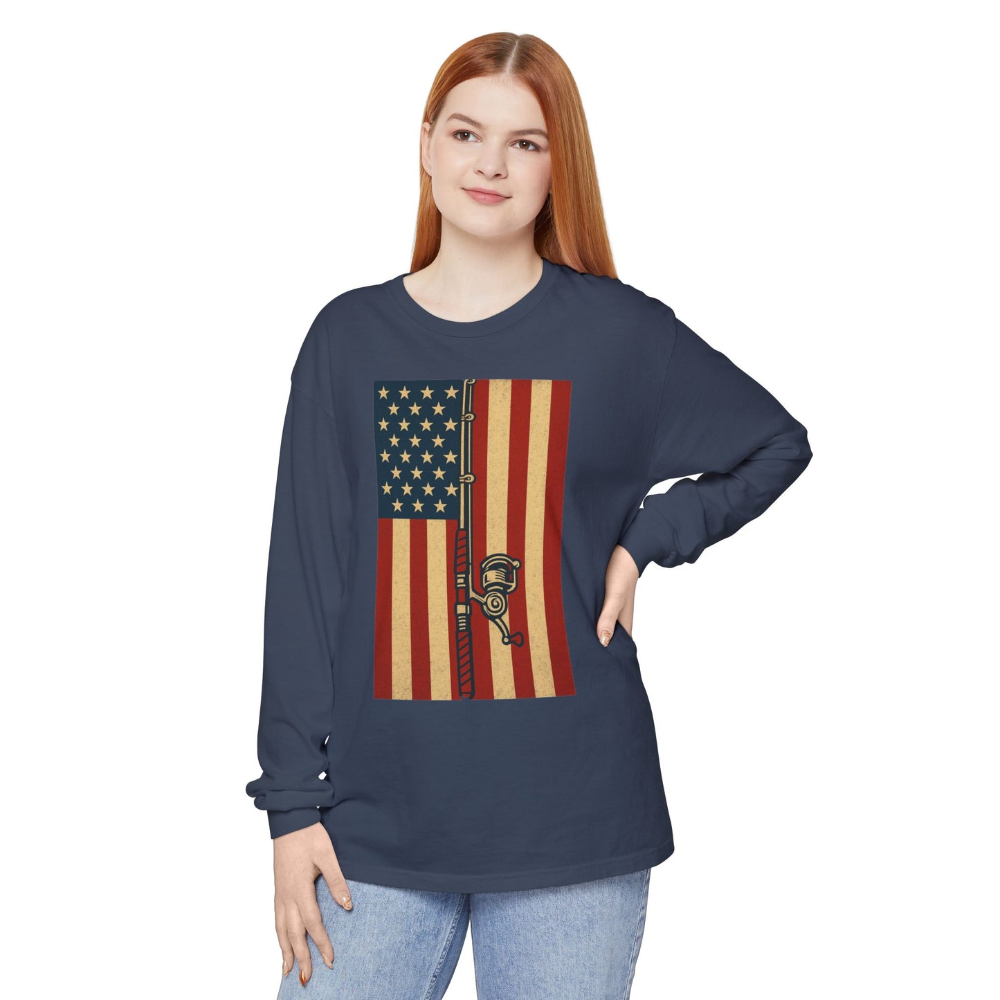 Patriotic Fishing Long Sleeve T-Shirt - Vintage American Flag Design - The official Yankee Capts merch store