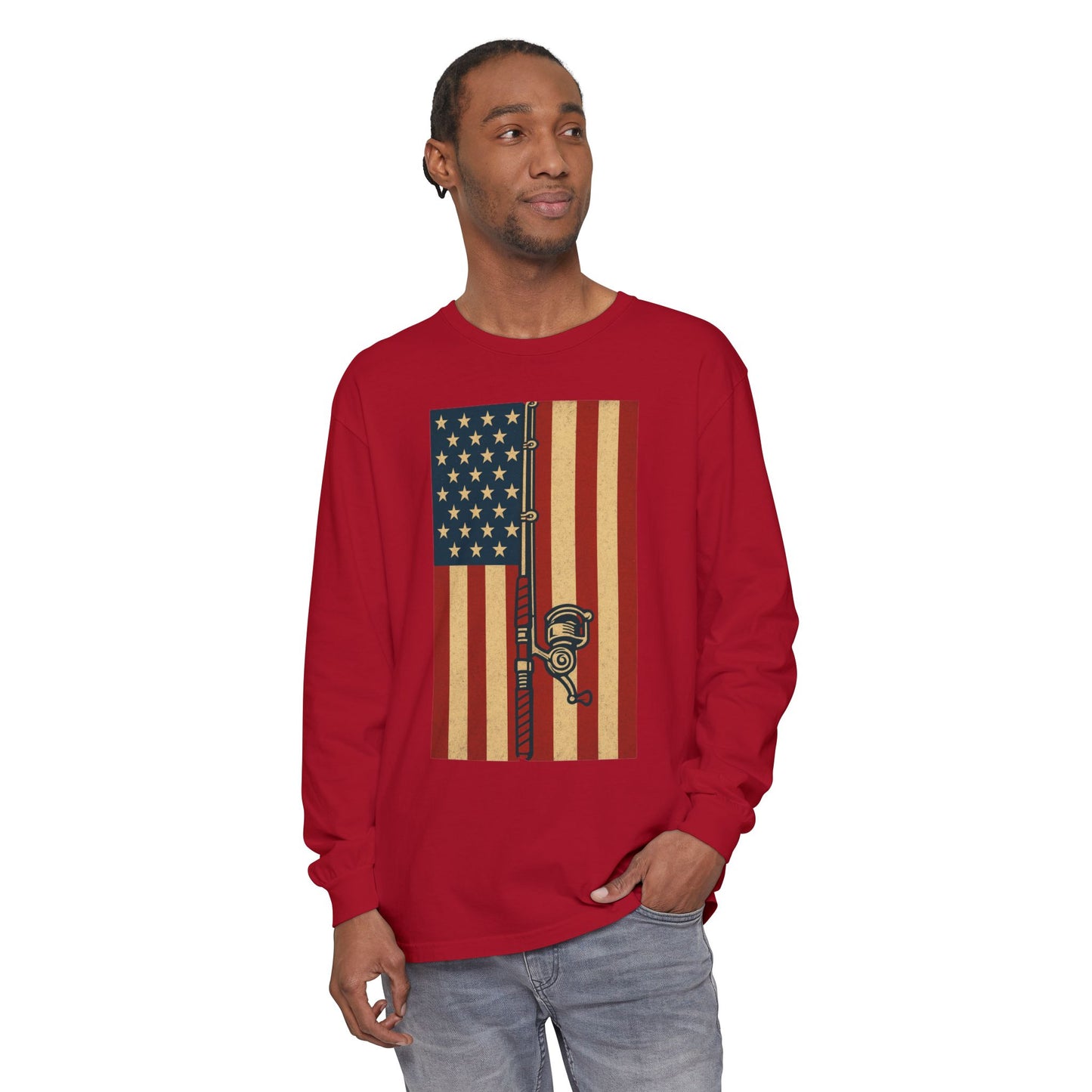Patriotic Fishing Long Sleeve T-Shirt - Vintage American Flag Design - The official Yankee Capts merch store
