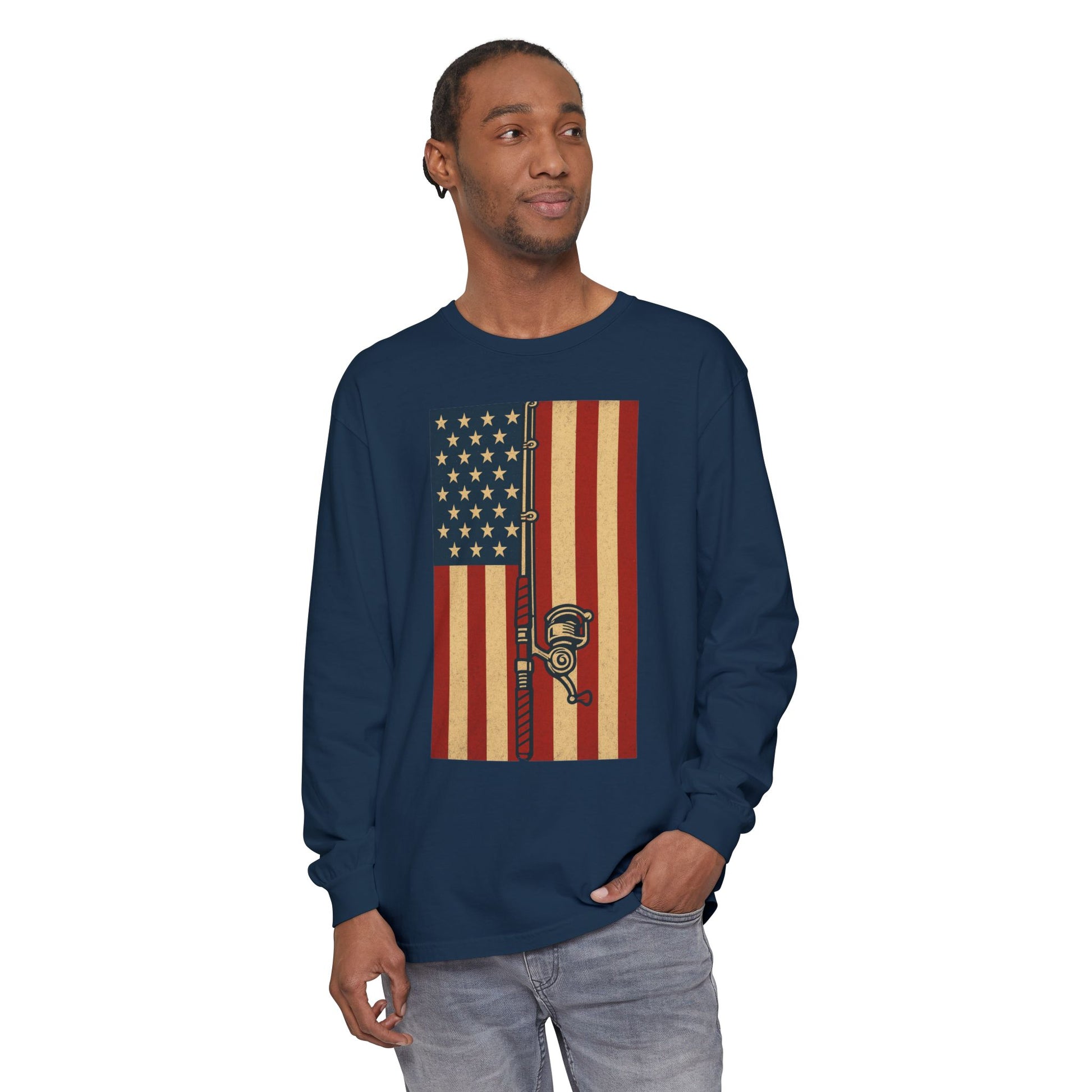 Patriotic Fishing Long Sleeve T-Shirt - Vintage American Flag Design - The official Yankee Capts merch store