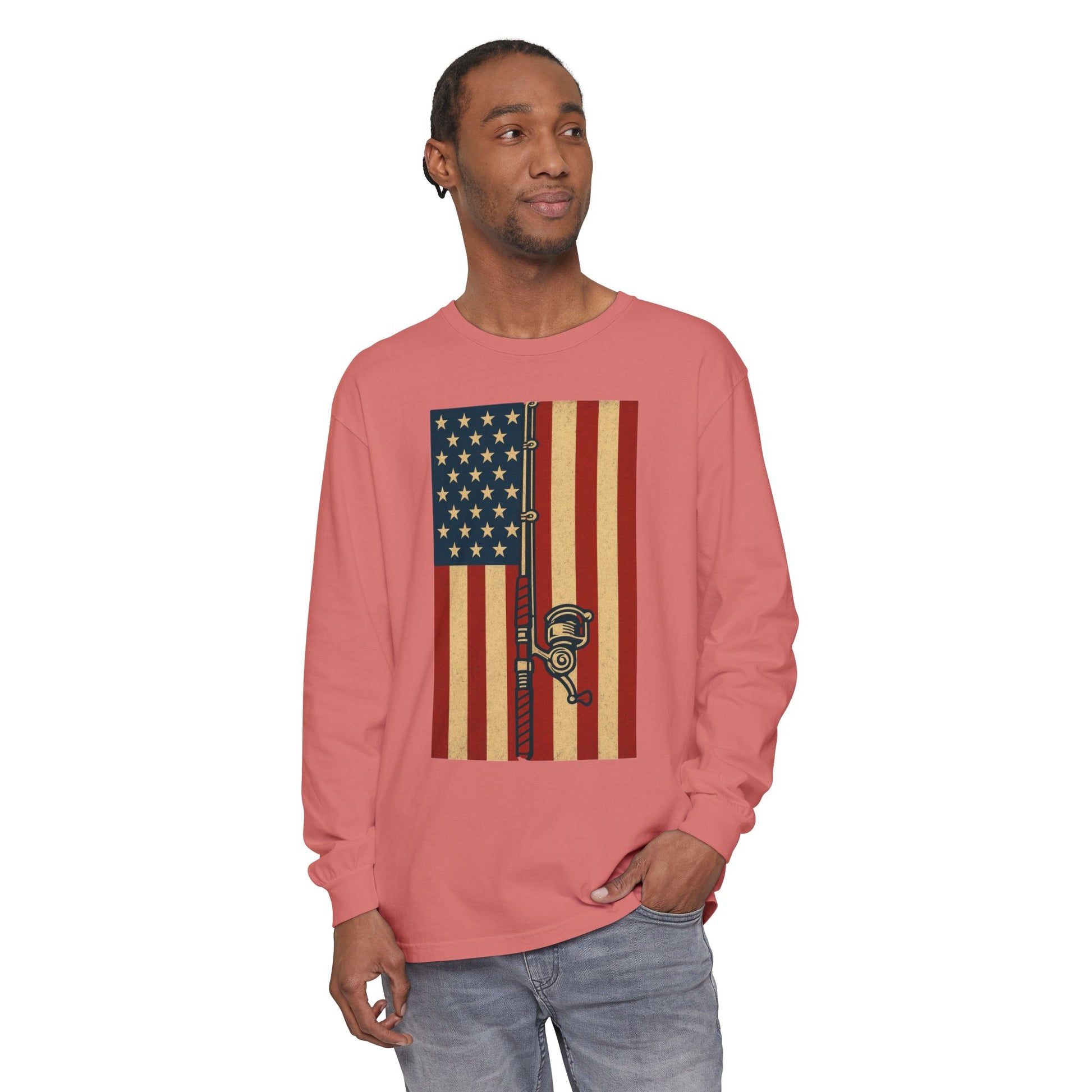 Patriotic Fishing Long Sleeve T-Shirt - Vintage American Flag Design - The official Yankee Capts merch store