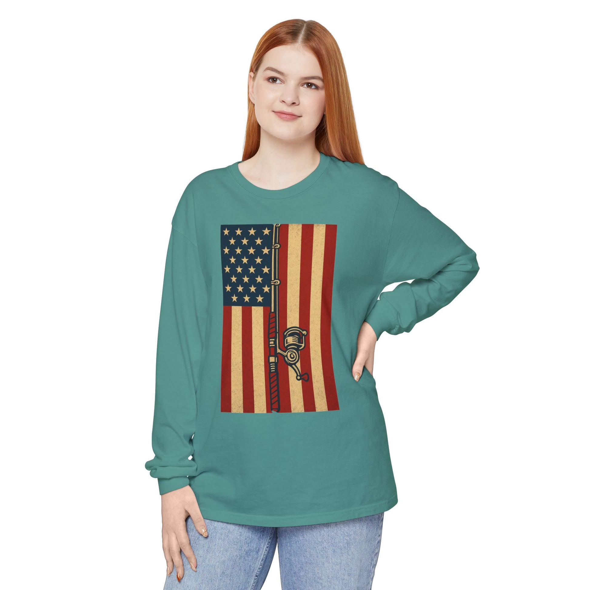 Patriotic Fishing Long Sleeve T-Shirt - Vintage American Flag Design - The official Yankee Capts merch store
