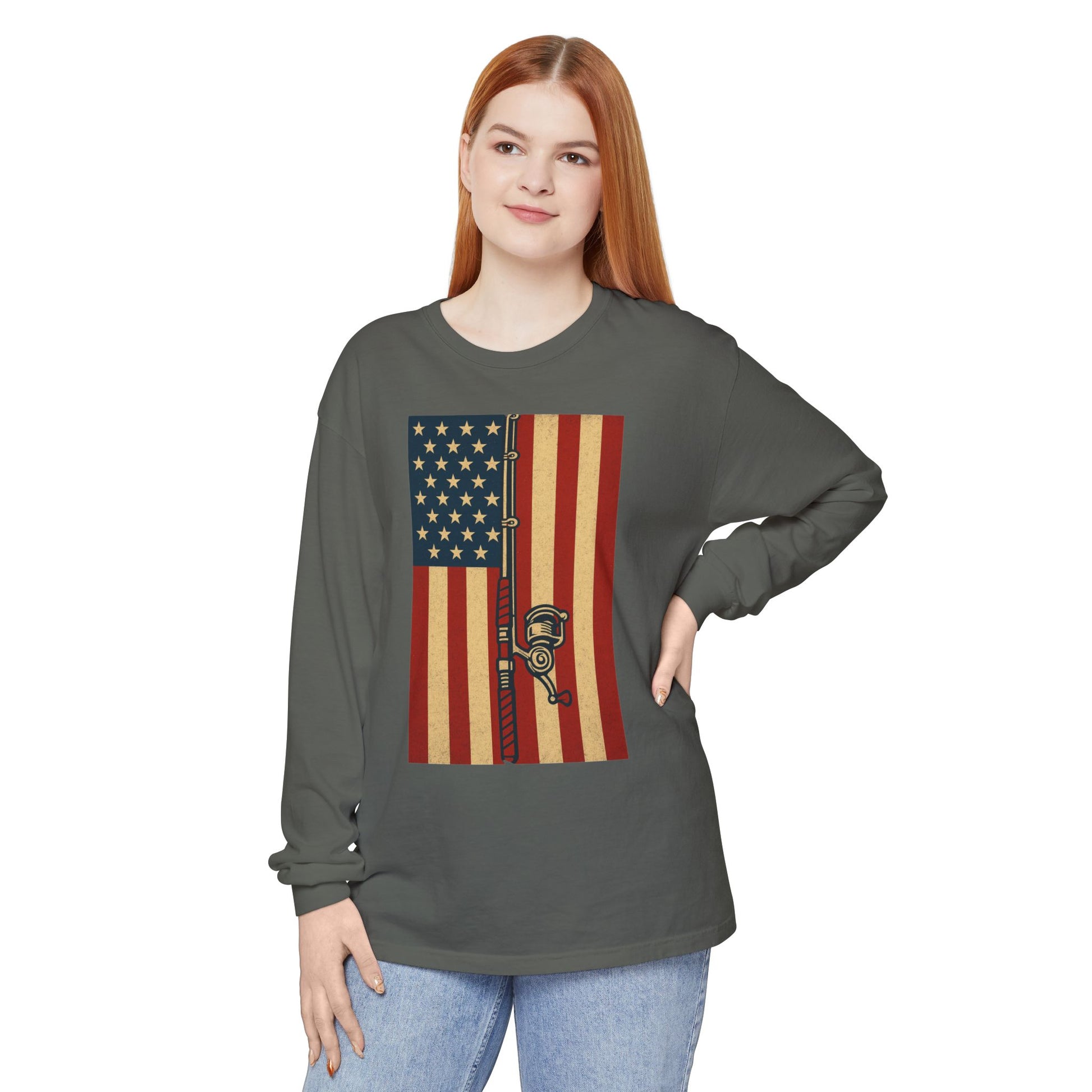 Patriotic Fishing Long Sleeve T-Shirt - Vintage American Flag Design - The official Yankee Capts merch store