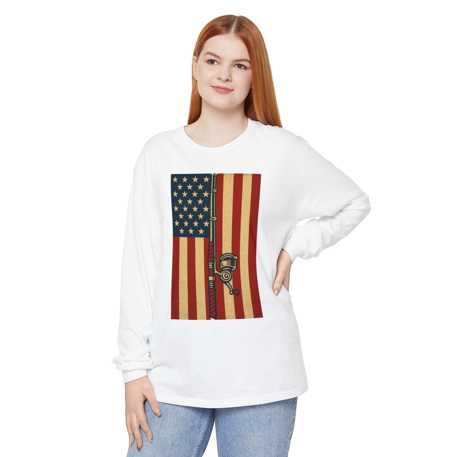 Patriotic Fishing Long Sleeve T-Shirt - Vintage American Flag Design - The official Yankee Capts merch store