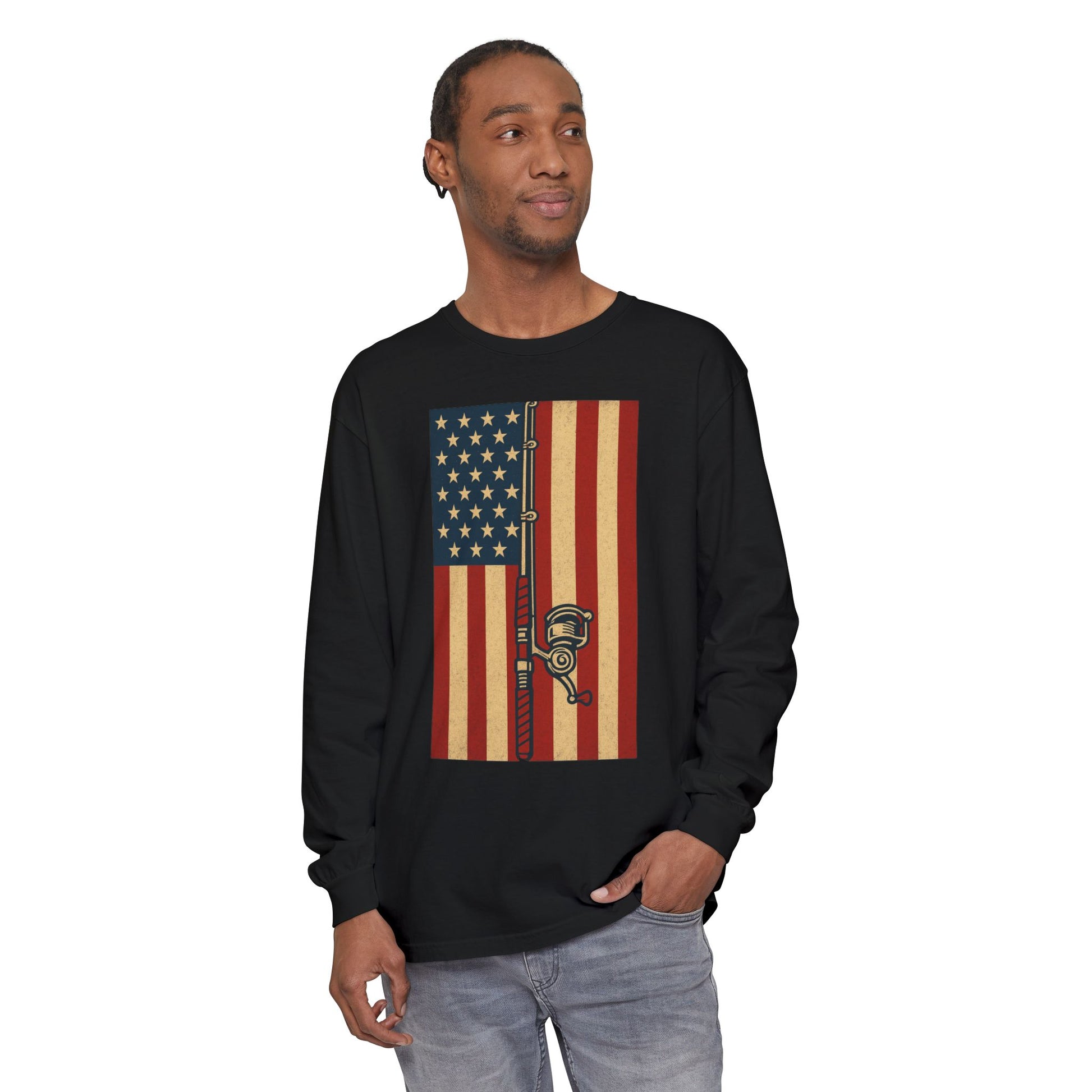 Patriotic Fishing Long Sleeve T-Shirt - Vintage American Flag Design - The official Yankee Capts merch store