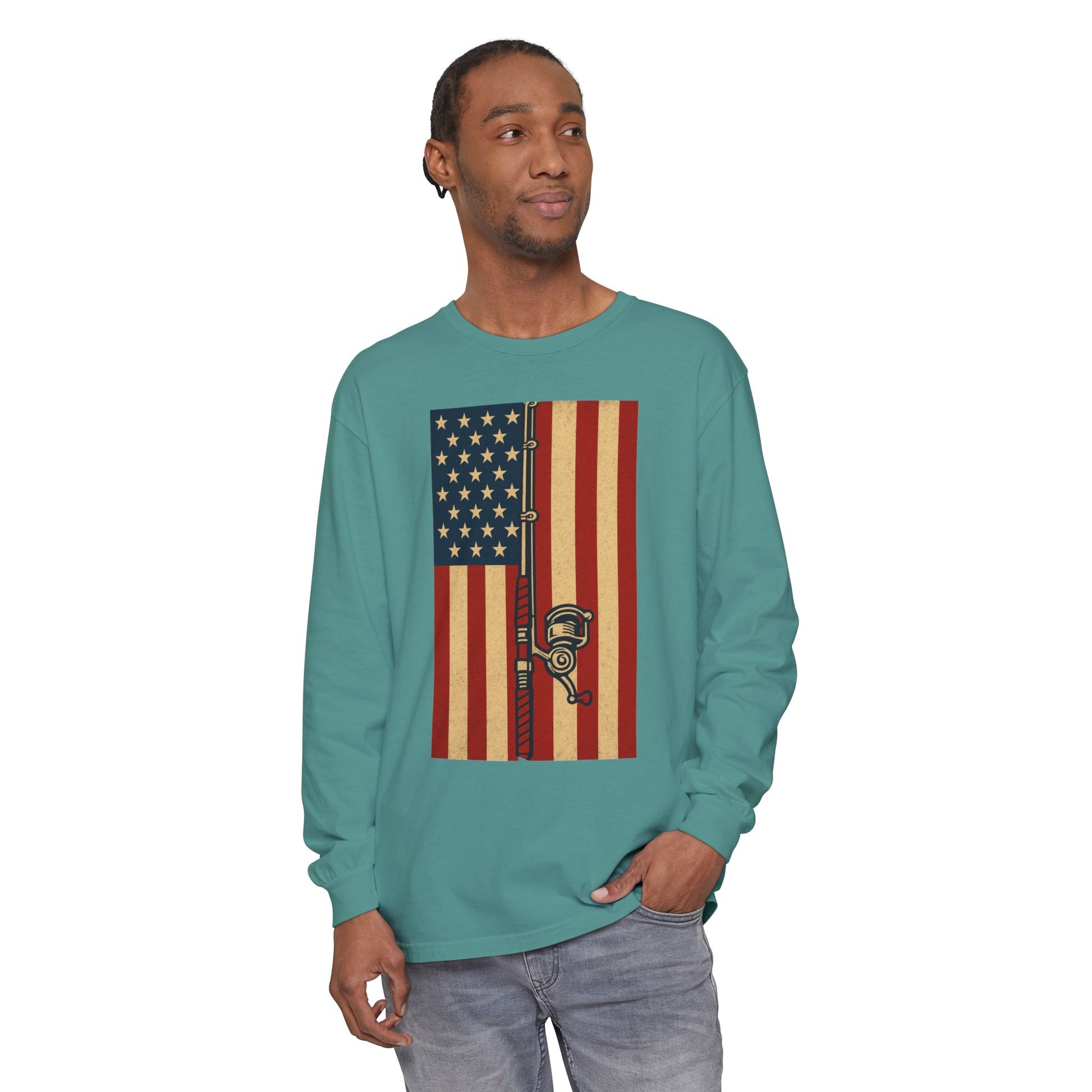 Patriotic Fishing Long Sleeve T-Shirt - Vintage American Flag Design - The official Yankee Capts merch store